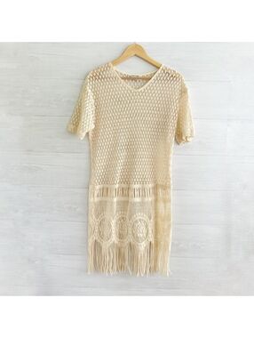 Vintage Sharon Anthony Ivory Crochet Fringe Dress 10 Cotton USA Boho 90s